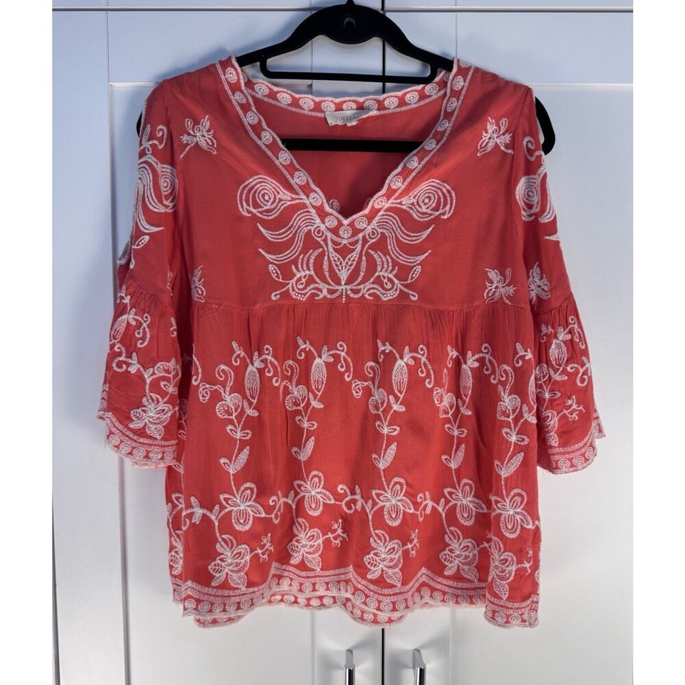 Solitaire Anthropologie Embroidered Sz S Floral Boho Hippie Flutter Sleeve Top
